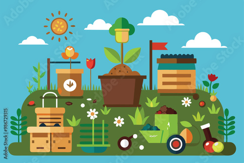 A colorful illustration showing the composting process with plants, tools, and materials in a garden setting, Customizable compost cycle illustration