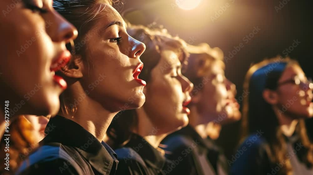 Ensemble of women passionately singing on stage during a vibrant performance