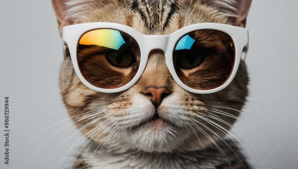 Cat wearing sunglasses, with no people visible, on a simple neutral background Cat wearing sunglasses, with no people visible, on a simple neutral background