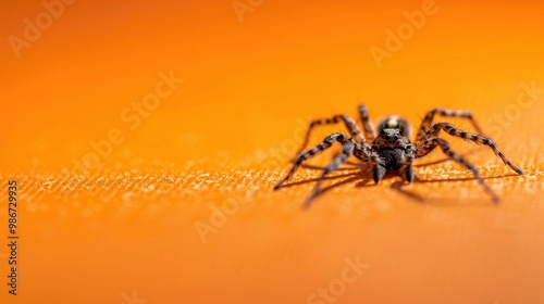 A black spider casts a long shadow on a bright orange background, creating a striking Halloween theme. Halloween, spooky, haunted concept. photo