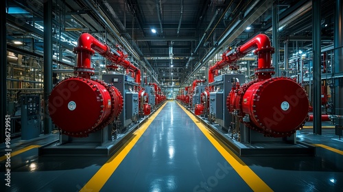 Industrial Facility with Red Piping and Machinery