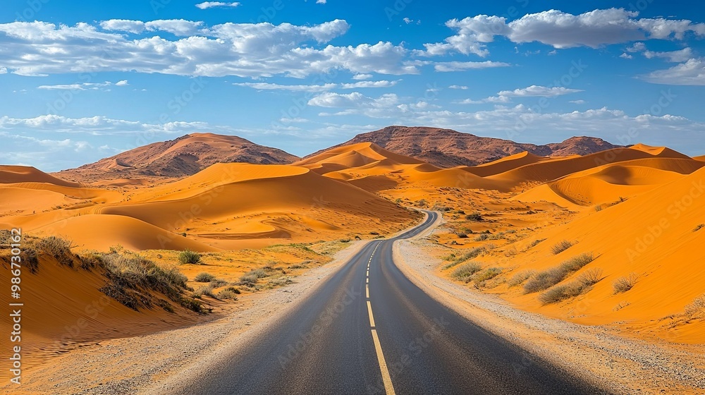 Naklejka premium A Winding Asphalt Road Through Orange Sand Dunes