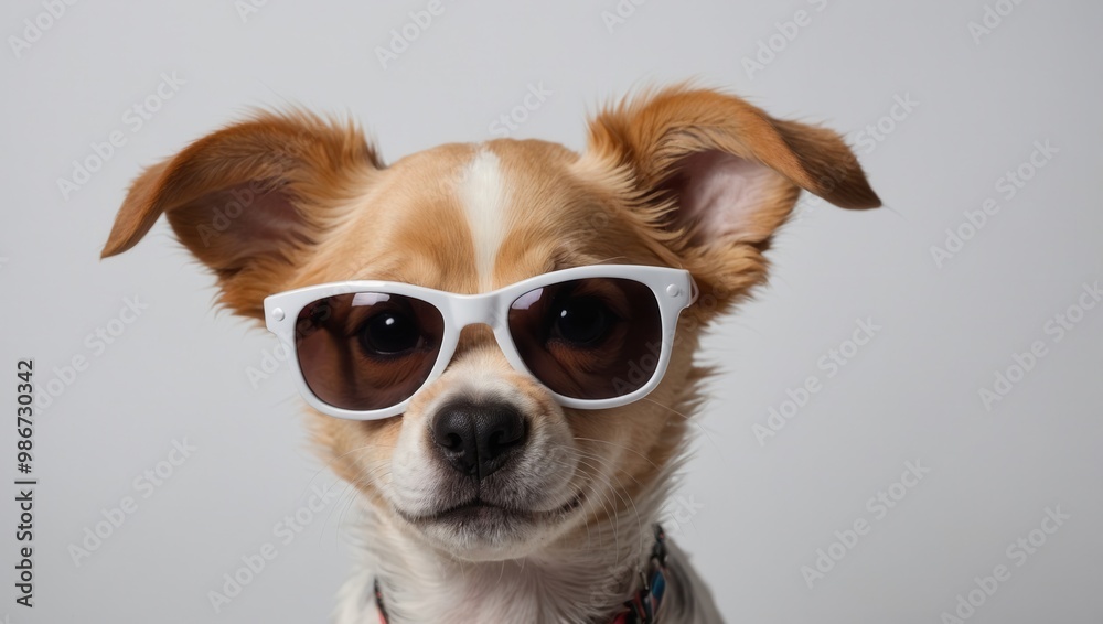 Chihuahua in oversized sunglasses with tan and white coat Chihuahua in oversized sunglasses with tan and white coat