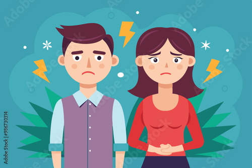 A couple stands together looking worried, surrounded by stress symbols, reflecting their emotional struggle, Customizable cartoon illustration for couples with stress.