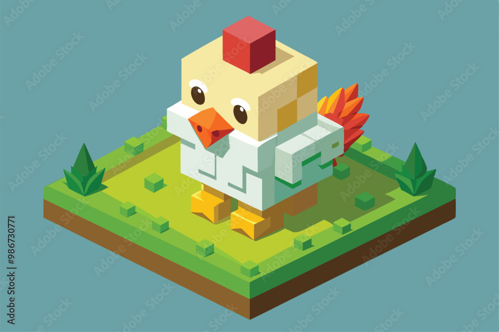 A charming chicken with bright colors and geometric design stands on a grassy patch, inviting creativity, Customizable cute chicken illustration in isometric style. A charming chicken with bright colors and geometric design stands on a grassy patch, inviting creativity, Customizable cute chicken illustration in isometric style.
