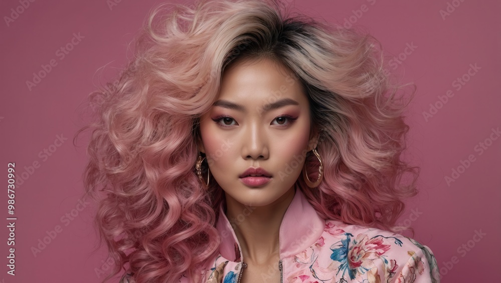 Fototapeta premium Model with curly blonde-pink hair in floral top against pink background