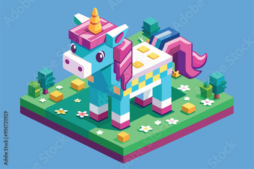 A vibrant unicorn design features bright colors and playful details on a grassy area with flowers, Customizable cute unicorn illustration in isometric style.