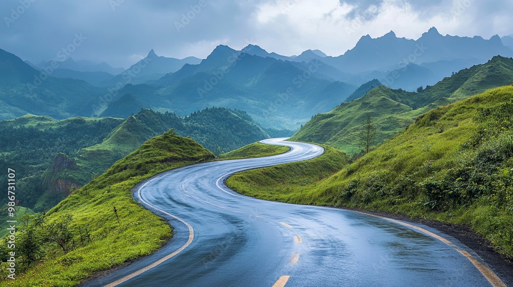 Fototapeta premium Winding Road Through Misty Mountain Landscape
