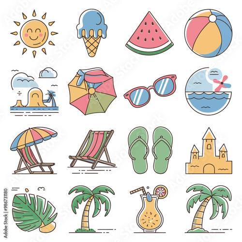 illustrations vector icon design items for summer sea beach glass and ball ice-cream other 
