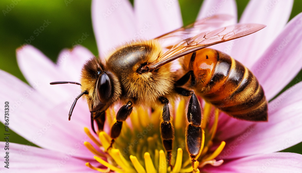 a yellow and black bee is on a pink flower a yellow and black bee is on a pink flower