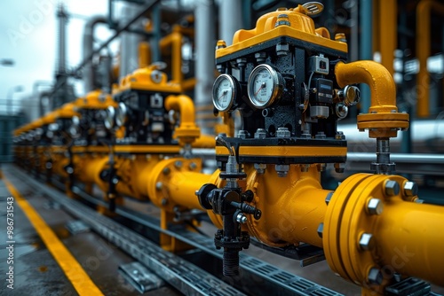 Gas infrastructure yellow pipes in cabinet with compressor unit and sensors for propane supply