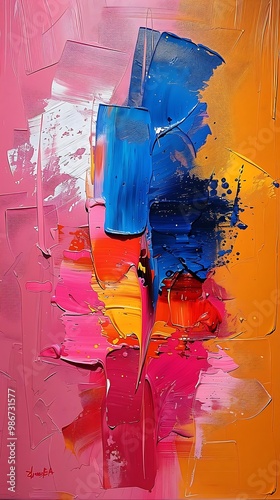 A vibrant abstract painting featuring bold colors and dynamic brush strokes.