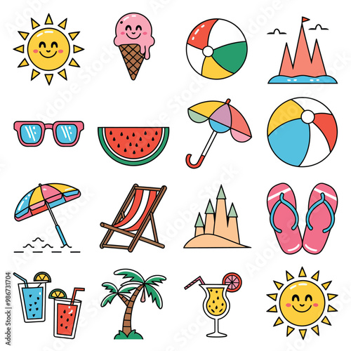 illustrations vector icon design items for summer sea beach glass and ball ice-cream other 
