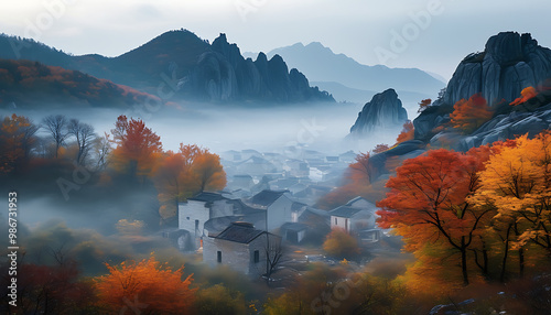 The beauty of Shicheng in autumn with a misty morning. photo