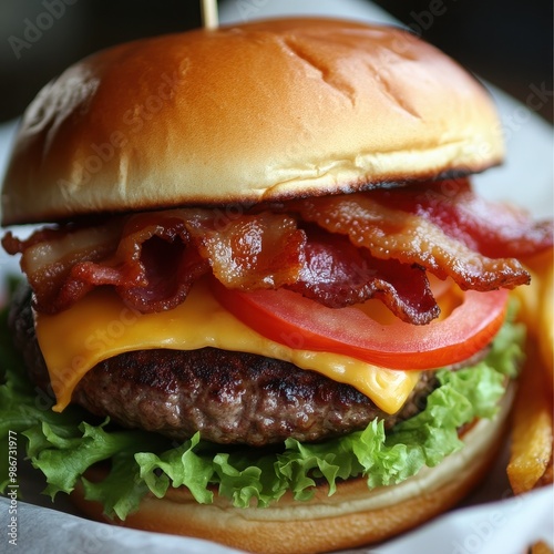 Juicy Bacon Cheeseburger: A mouthwatering close-up of a classic bacon cheeseburger, featuring a perfectly grilled patty, melted cheese, crispy bacon, fresh tomato, and crisp lettuce. The burger is nes photo