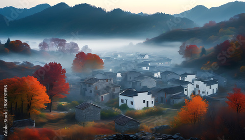 The beauty of Shicheng in autumn with a misty morning. photo