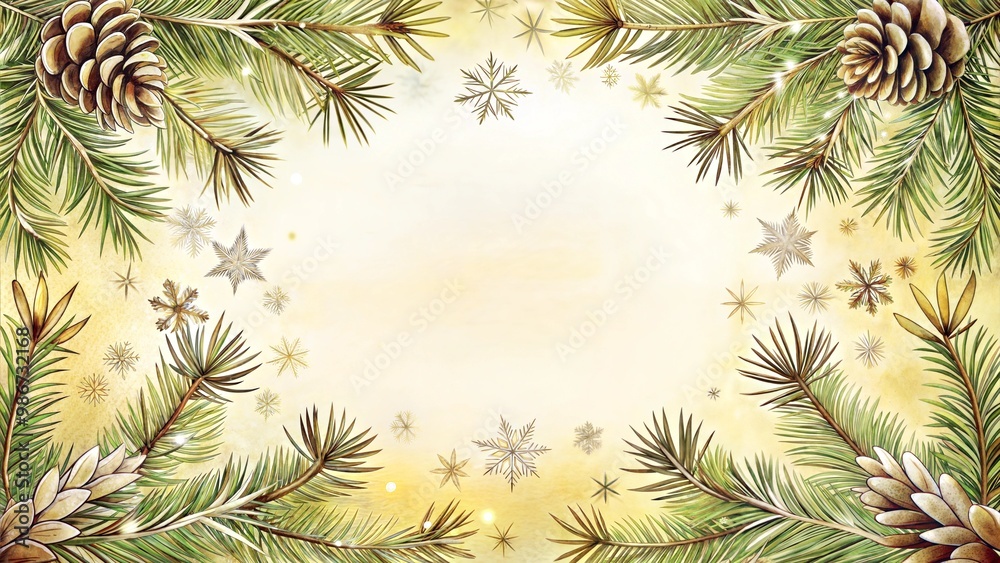 Festive pine branches and cones surrounding a soft golden background with snowflakes and stars Festive pine branches and cones surrounding a soft golden background with snowflakes and stars