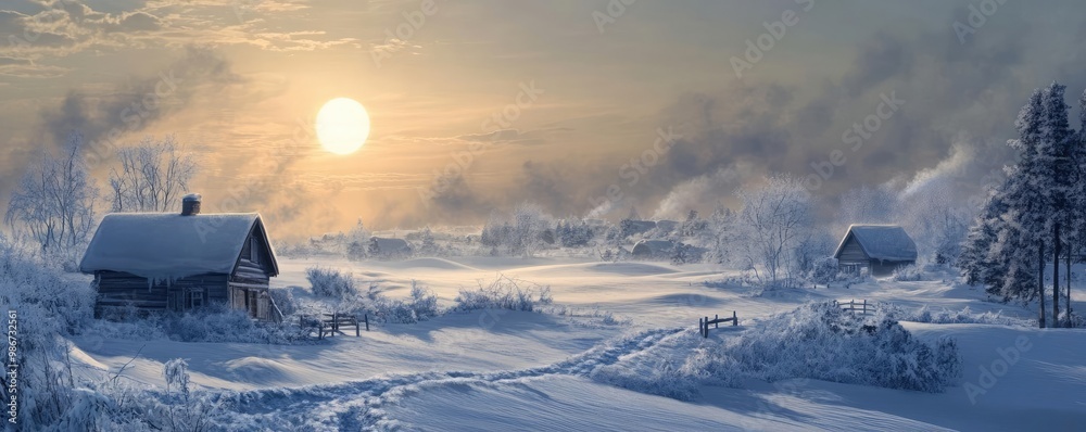 A serene winter landscape with houses blanketed in snow, illuminated by a warm sunrise in a tranquil, snowy scene. A serene winter landscape with houses blanketed in snow, illuminated by a warm sunrise in a tranquil, snowy scene.