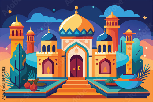 A colorful palace stands majestically at sunset, featuring ornate domes and lush greenery around it, Customizable disproportionate illustration for hammam.