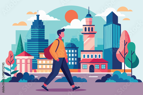 A person walks leisurely past a mix of modern and traditional buildings under a bright sunset sky, Customizable Disproportionate Illustration