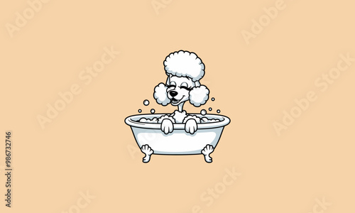 Cute poodle enjoying a bubble bath in a bathtub.