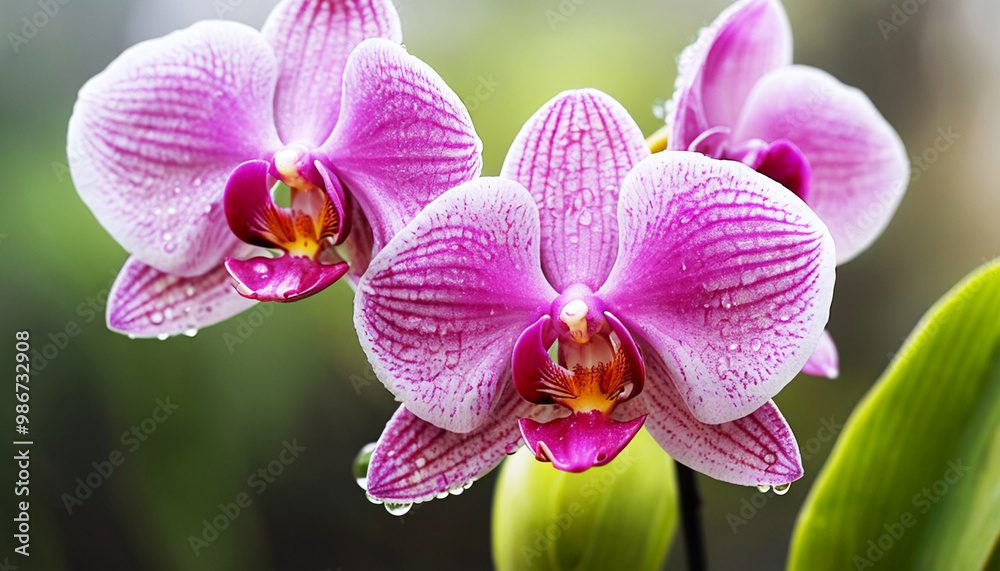 beautiful purple orchid flowers in the morning and still dew with a blurry background beautiful purple orchid flowers in the morning and still dew with a blurry background