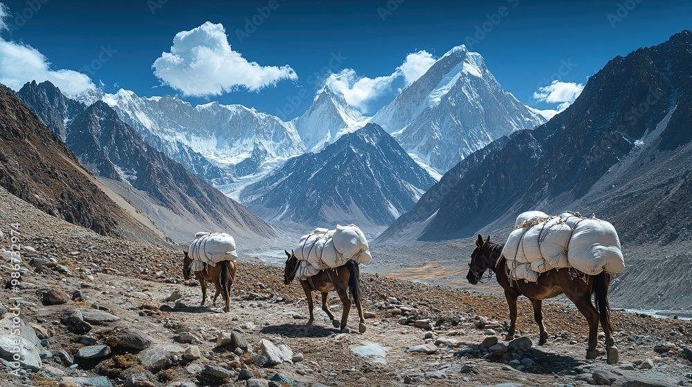 Naklejka premium Pack horses traversing rocky trails in the Karakoram mountains