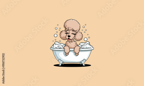 Cute poodle enjoying a bubble bath in a bathtub.