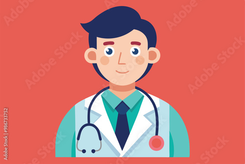 This illustration features a cartoon doctor with exaggerated proportions, wearing a lab coat and stethoscope, Customizable doctor illustration that is disproportionate.