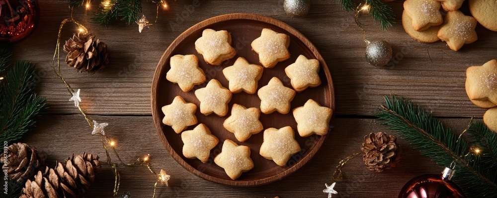 Festive star-shaped cookies arranged on a wooden plate, surrounded by pinecones and holiday decorations for a cheerful holiday vibe. Festive star-shaped cookies arranged on a wooden plate, surrounded by pinecones and holiday decorations for a cheerful holiday vibe.