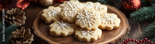 Delicious holiday cookies decorated with icing on a wooden plate, surrounded by festive ornaments and pinecones.
