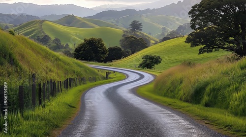 Winding Road Through Lush Green Hills and Past Trees