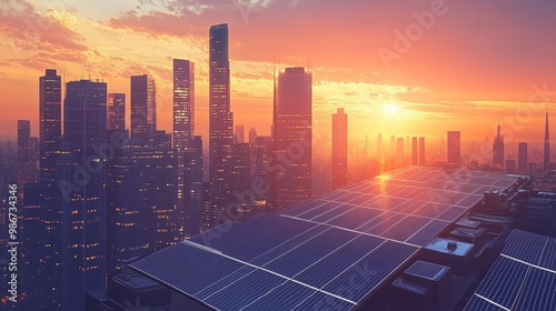 Futuristic Skyline With Solar Panels Reflecting a Vibrant Sunset in an Eco-Friendly Urban Landscape. Generative AI