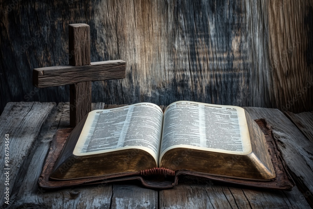Obraz premium a bible on a wooden table and a wooden cross next to it