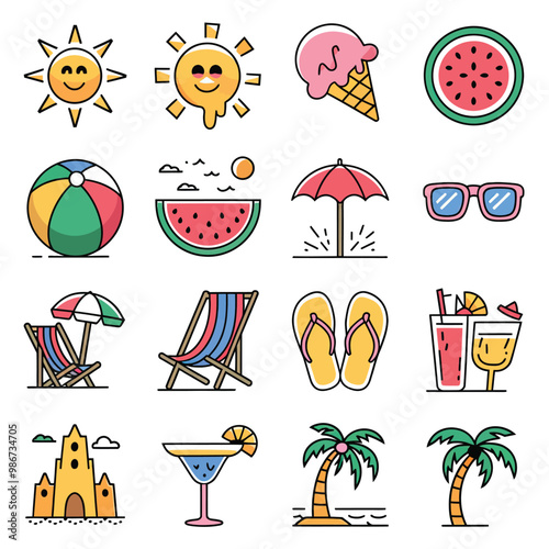illustrations vector icon design items for summer sea beach glass and ball ice-cream other 
