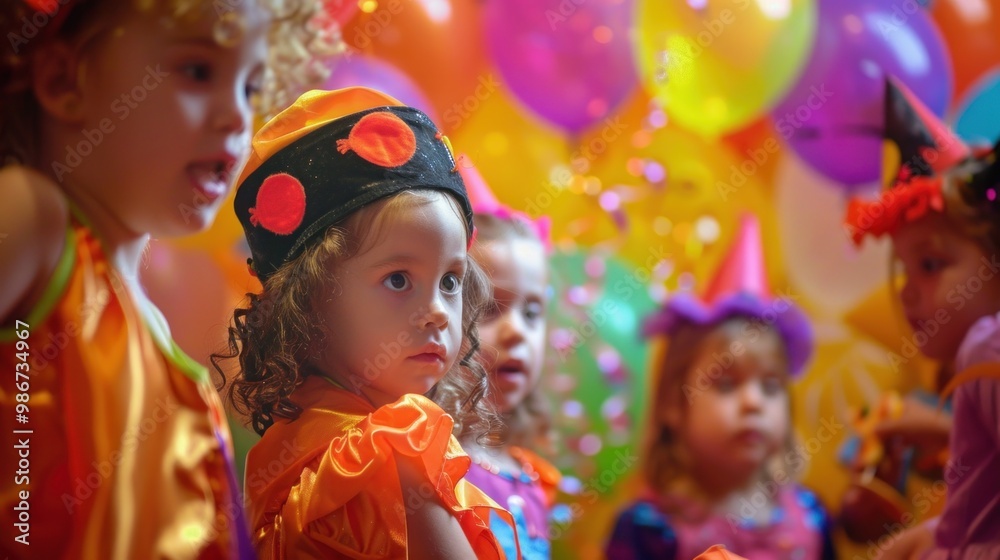 children dressed in Halloween costumes playing games at a party, colorful decorations and balloons in the background. Halloween, spooky, haunted concept. children dressed in Halloween costumes playing games at a party, colorful decorations and balloons in the background. Halloween, spooky, haunted concept.