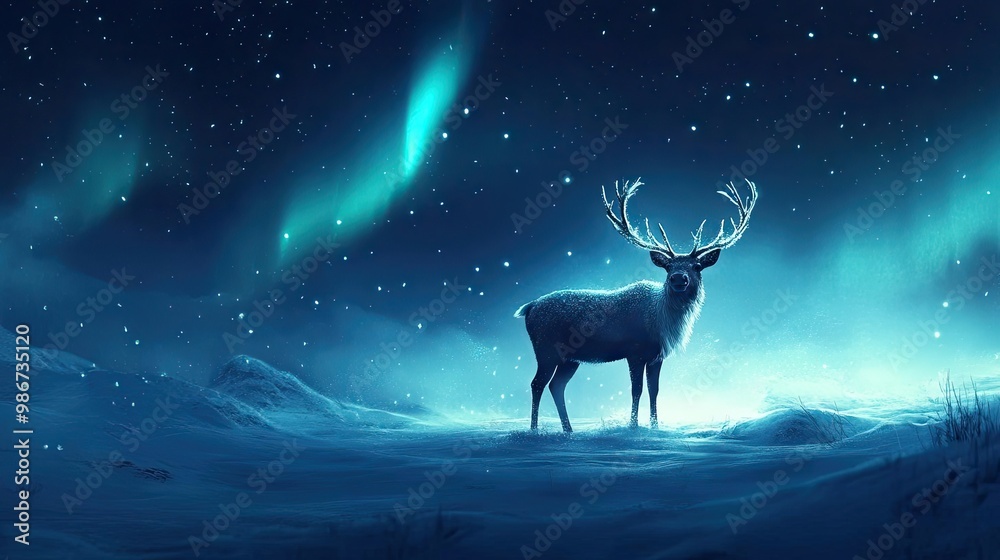 A majestic deer stands in a snowy landscape illuminated by the enchanting aurora borealis, creating a magical winter scene. A majestic deer stands in a snowy landscape illuminated by the enchanting aurora borealis, creating a magical winter scene.