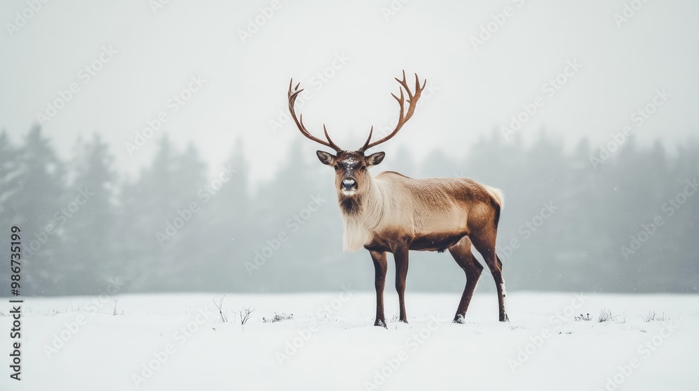 A majestic reindeer stands in a snowy landscape, showcasing its impressive antlers amidst a serene winter backdrop. A majestic reindeer stands in a snowy landscape, showcasing its impressive antlers amidst a serene winter backdrop.