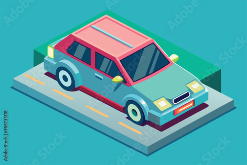 This illustration features a vibrant, customizable electric car depicted in an isometric style on a unique platform, Customizable electric car illustration in isometric style.