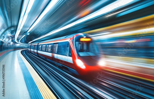 A subway train streaks through the cityscape in a long exposure image, reflecting dynamic movement and contemporary transit.