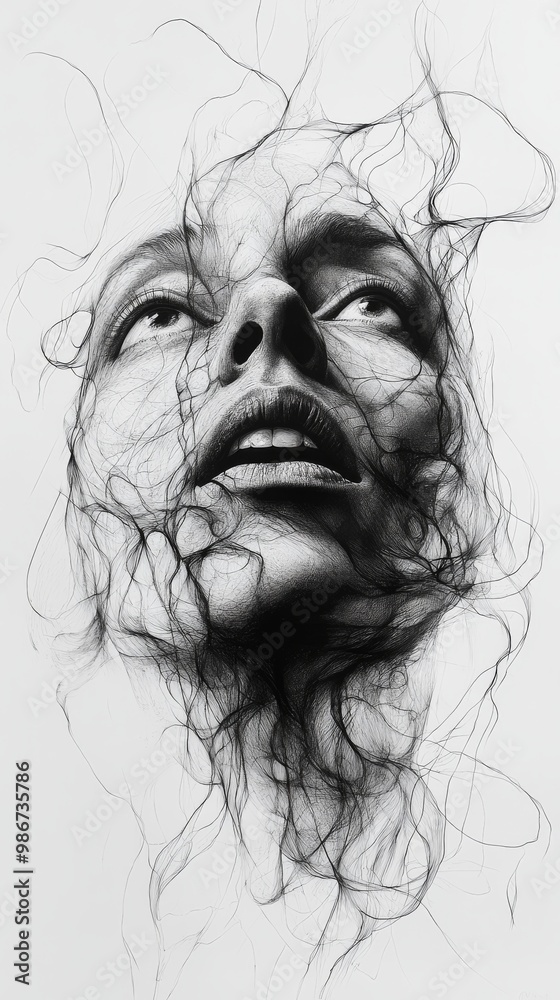 Fototapeta premium A hand-drawn drawing depicting a terrifying man in black line style, drawing on a distorted face of messy lines