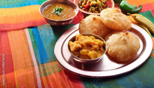 Indian Cuisine Aloo Gobi Sabzi with Puri photo