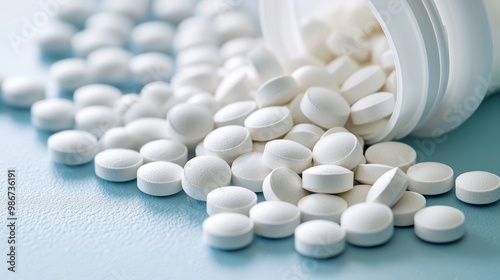 White medicine tablets spilled on table from pill bottle. Medications drugs or supplements or opioid addiction from pain killers top view.