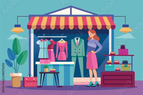 A shopper explores a stylish fashion shop showcasing colorful clothing and accessories, Customizable fashion shop with disproportionate illustration.