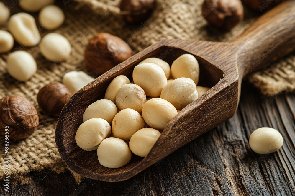 Macadamia in wooden scoop. Macadamia in wooden scoop.