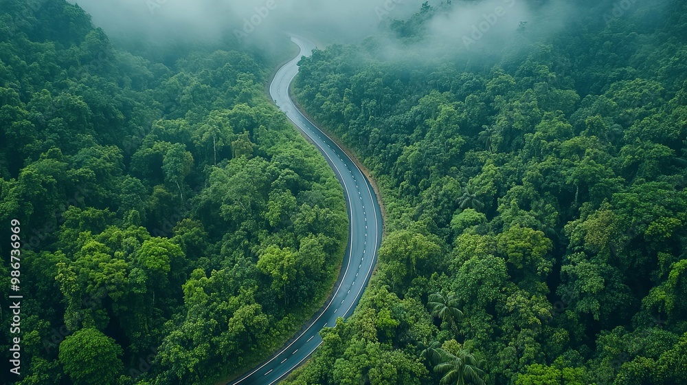 Aerial View of a Winding Road Through a Misty Green Forest Aerial View of a Winding Road Through a Misty Green Forest