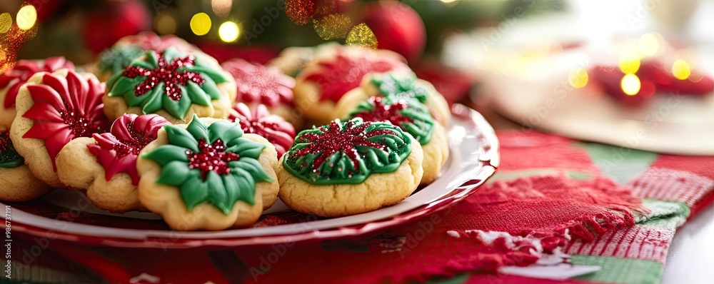A festive platter of decorated Christmas cookies in red and green, perfect for holiday gatherings and celebrations. A festive platter of decorated Christmas cookies in red and green, perfect for holiday gatherings and celebrations.