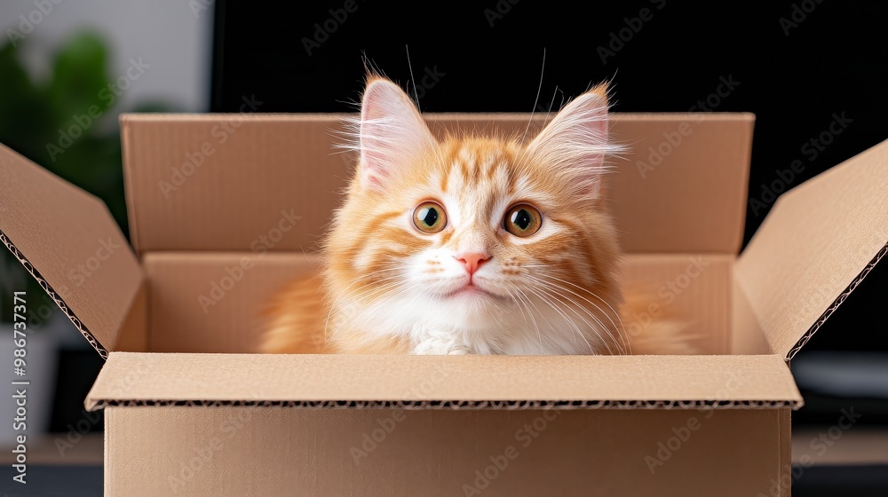 Playful kitten nestled in a cardboard box, showcasing pet joyfulness