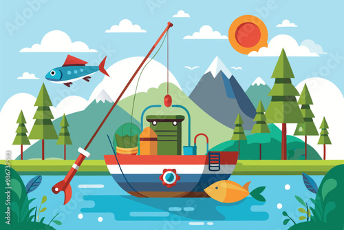 A fishing boat floats on a serene lake, framed by lush trees and distant mountains under a sunny sky, Customizable fishing illustration