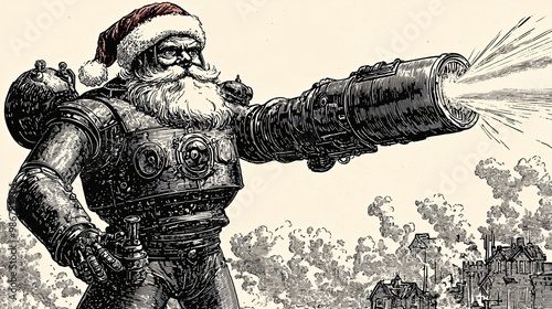 Santa Claus operating a giant robot defending a city from invading aliens epic battle scene with laser beams and explosions heroic pose photo